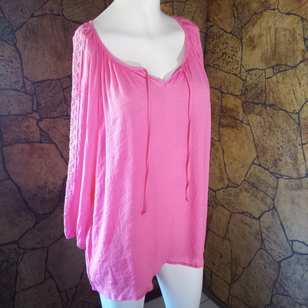 Pink Lace Sleeve Women's Blouse